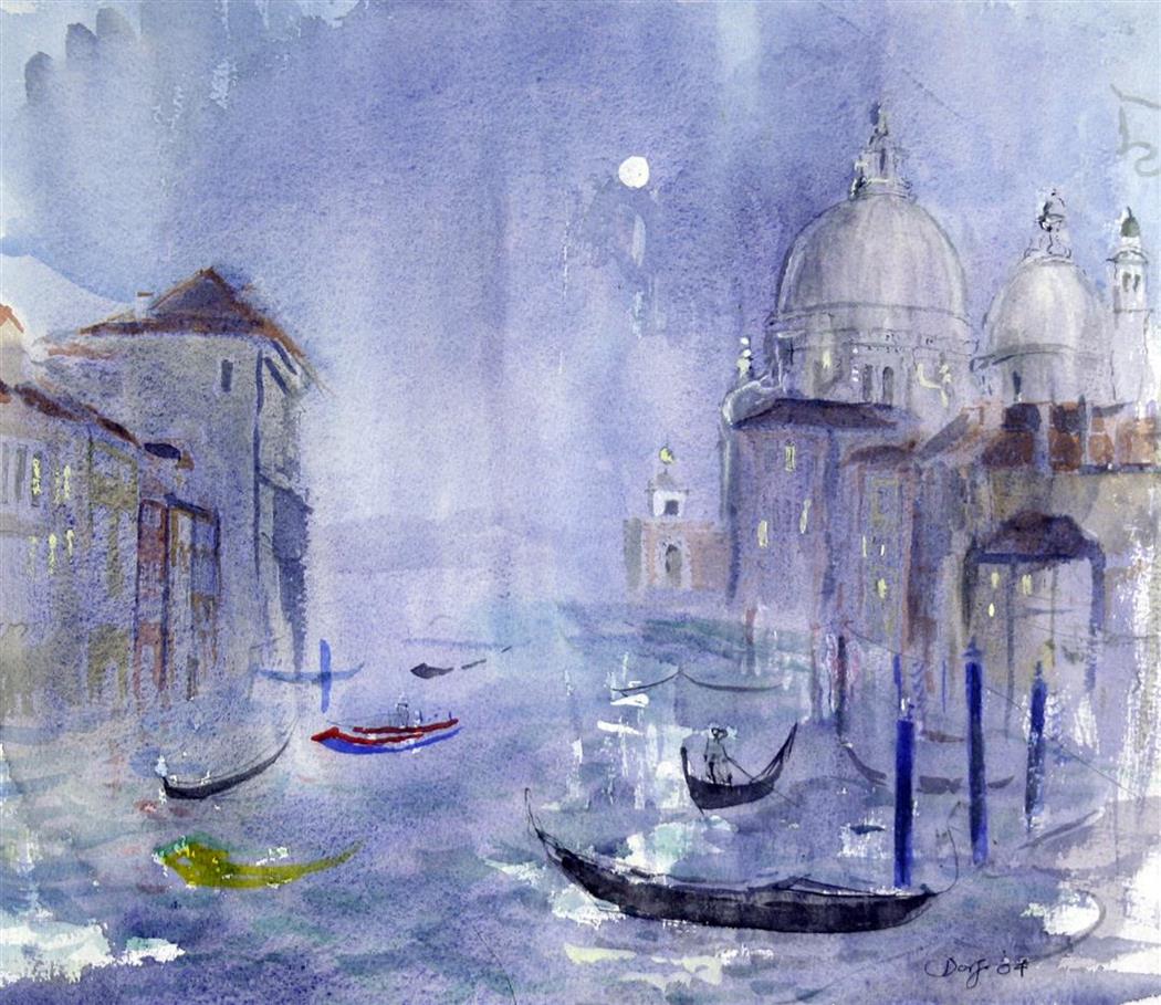 Barbara Dorf (b.1933), watercolour, Gondolas, Venice, signed and dated, 31 x 36cm